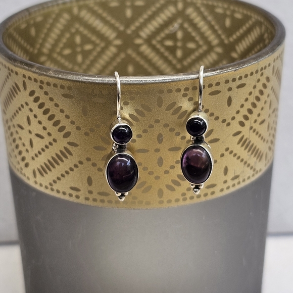 925 Sterling Silver Amethyst Drop Earrings Vintage - Picture 2 of 14
